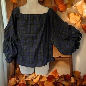 Anthropologie Greysn Soft Plaid Off-the-Shoulder Bellsleeve Blouse Top Sm